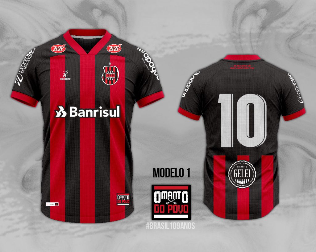 camisa com listras verticais em vermelho e preto, gola e mangas vermelhas e o número branco