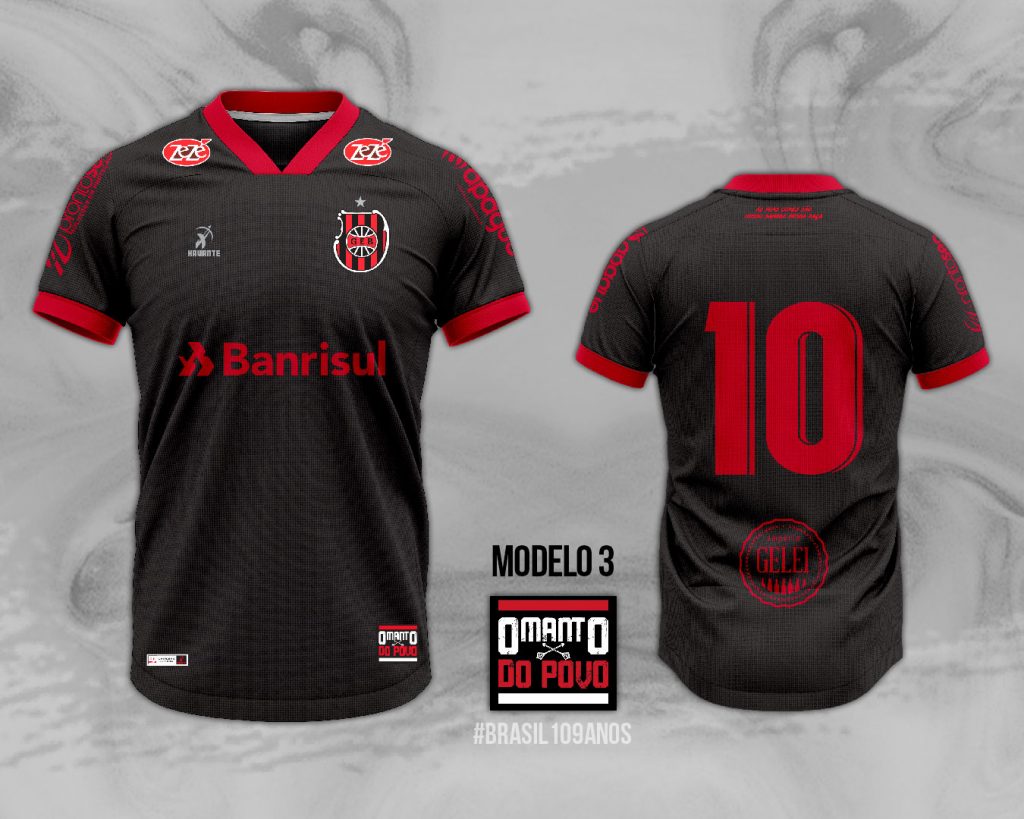 camisa preta, gola e mangas vermelhas e o número vermelho